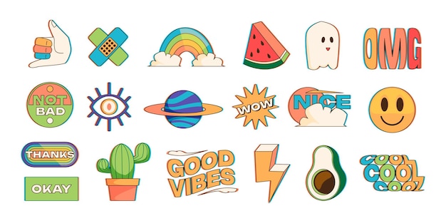 Collection d'autocollants Étiquette géométrique à la mode avec un design rétro coloré, des badges et des patchs hipster modernes mignons avec un style de dessin animé de citation Ensemble isolé vectoriel