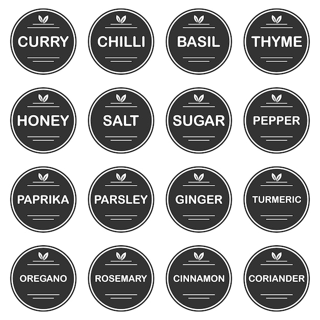 Collection D'autocollants Ou D'étiquettes Pour Pots D'épices. Ensemble De 16 Autocollants Ronds Vectoriels Avec Noms.