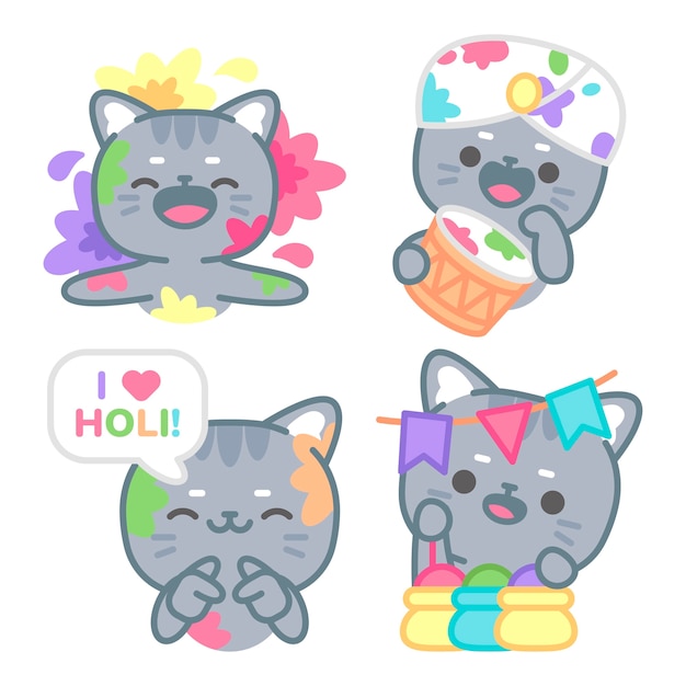 Vecteur une collection d'autocollants holi avec tomomi le chat.