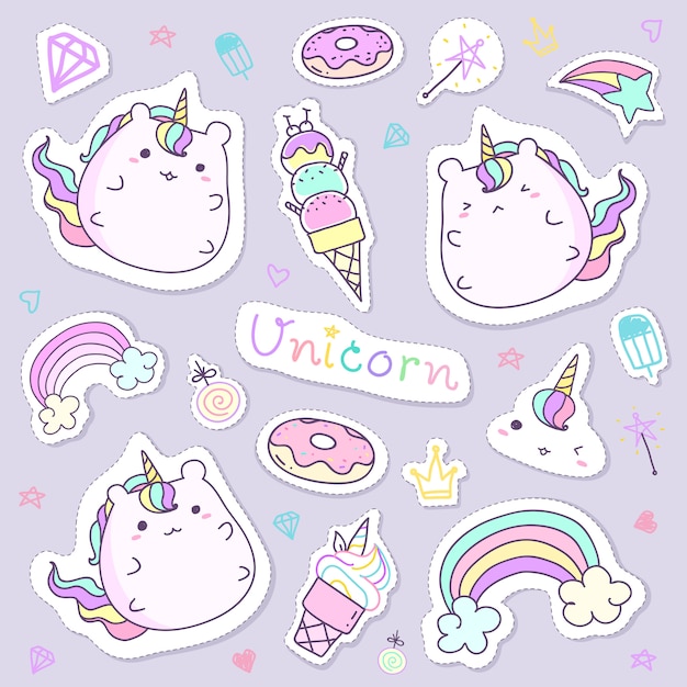 Vecteur collection d'autocollants kawaii licorne de couleur pastel