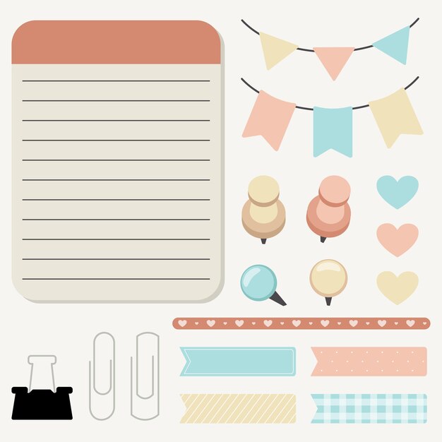 La collection d'autocollants mignons et d'objets pour les messages mémo de bloc-notes dans un style plat.