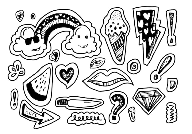 Vecteur collection d'autocollants avec style doodle ensemble d'autocollants de dessins animés patchs badges broches imprime.