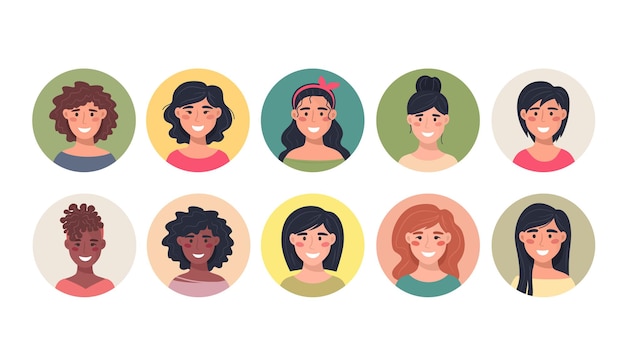 Collection d'avatars féminins dans une icône ronde