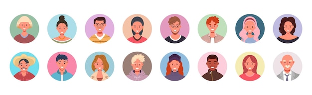 Vecteur collection d'avatars de personnes portraits d'utilisateurs dans des cercles icônes de visages humains masculins et féminins sourire c