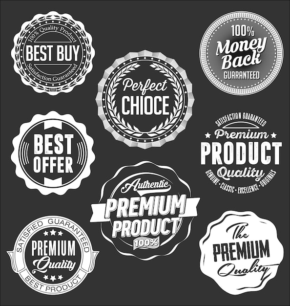 Collection de badges blancs sur fond noir