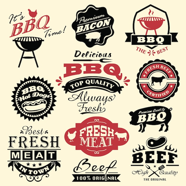 Collection de badges et d'étiquettes de barbecue rétro vintage