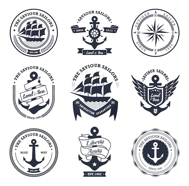 Collection de badges et étiquettes nautiques vintage
