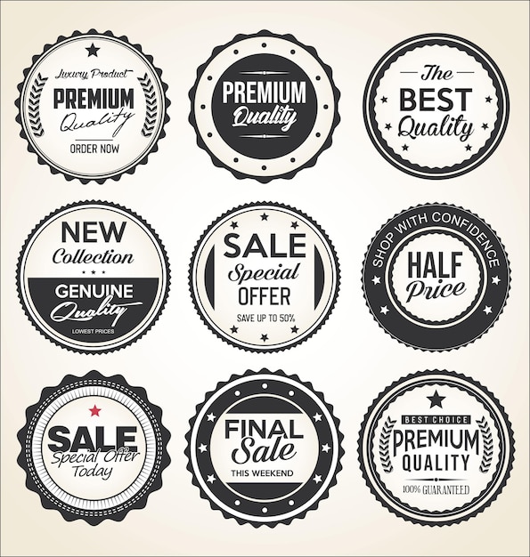Collection de badges et étiquettes vintage rétro noir et blanc