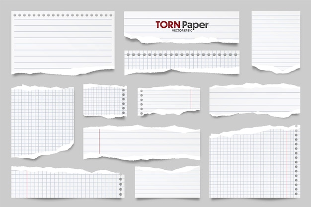 Collection de bandes de papier bordées blanches déchirées morceaux de papier réalistes avec des bords déchirés notes collantes