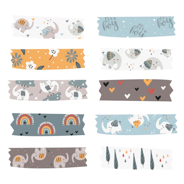 Vecteur collection de bandes washi avec des éléphants