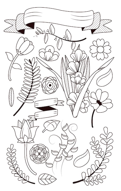 Collection de bannières de fleurs et de ruban noir et blanc