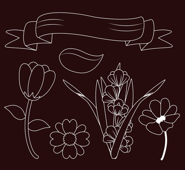 Collection de bannières de fleurs et de ruban noir et blanc