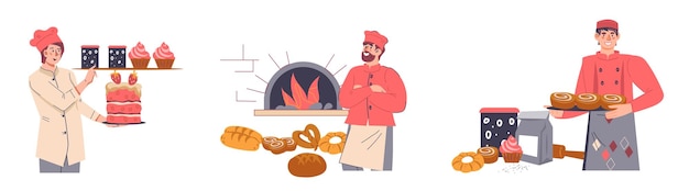 Collection de bannières ou d'insignes de boulangerie et de pâtisserie avec des personnages de boulangers