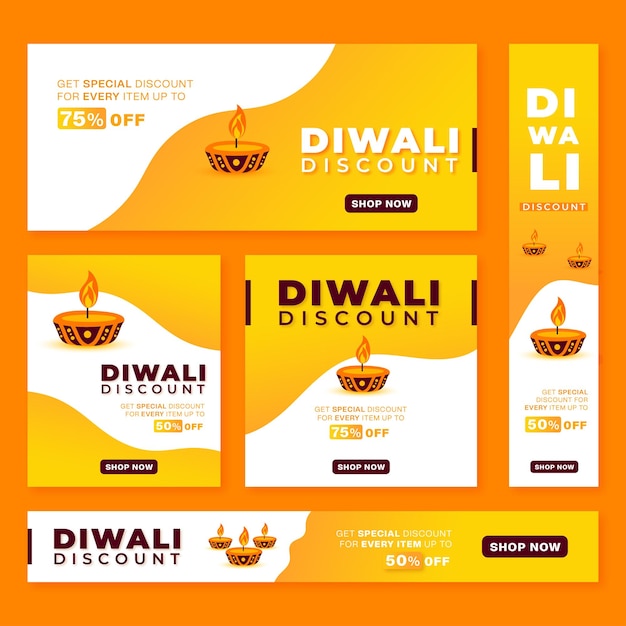 Collection De Bannières Web De Vente Happy Diwali Avec Fond De Couleur Jaune Et Illustration De Lampes à Huile Réalistes