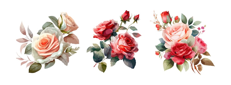 Vecteur collection de belles fleurs roses isolées sur fond blanc printemps et été roses roses rouges branche florale et feuilles illustration vectorielle