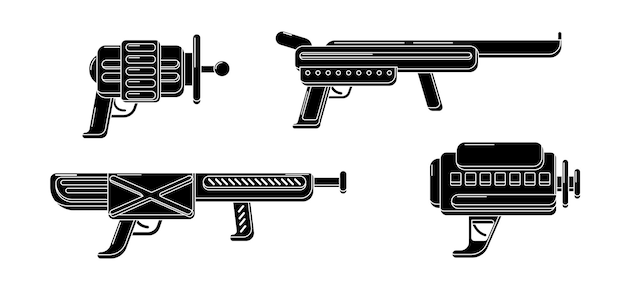 Collection de blasters de glyphes vectoriels Jeu de pistolet jouet de tampons en caoutchouc Conception d'arme futuriste couleur noire