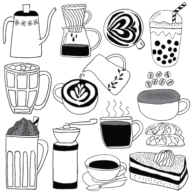 Collection De Boissons Au Café Et De Gâteaux Dessinés à La Main Dans Les Tons Noir Et Blanc