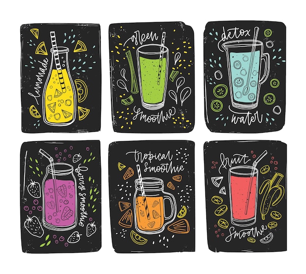 Collection De Boissons Saines Colorées - Smoothie, Eau Détox, Limonade, Jus. Ensemble De Boissons Fraîches Savoureuses à Base De Fruits Tropicaux, De Baies, De Légumes Verts. Illustration Vectorielle De Couleur Vive.