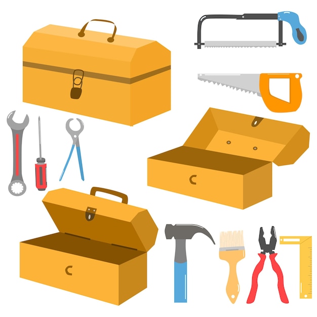 Vecteur collection de boîtes à outils et de matériel de construction