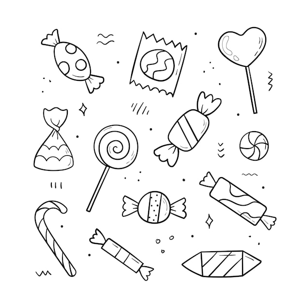 Vecteur collection de bonbons dessinés à la main style de croquis doodle ensemble de divers éléments doodles illustration vectorielle isolée sur fond blanc