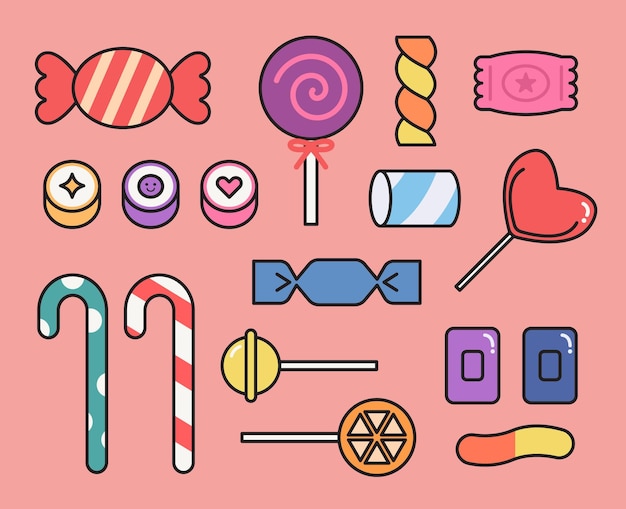 Une collection de bonbons et de friandises décrites par une illustration vectorielle