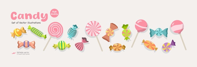 une collection de bonbons et de sucettes colorées et d'illustrations de bonbins sucrés