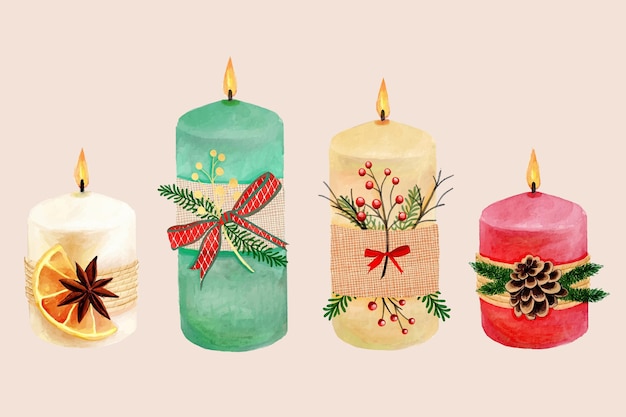 Collection de bougies de Noël aquarelle