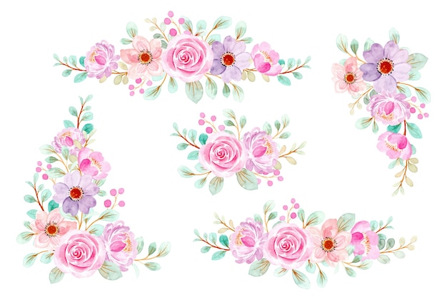 Collection de bouquet de fleurs roses aquarelle