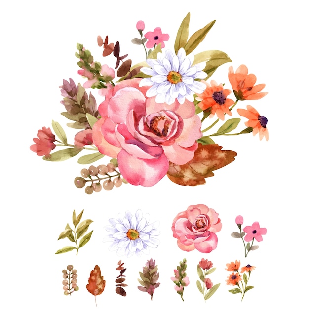 Collection de bouquets de fleurs à l'aquarelle