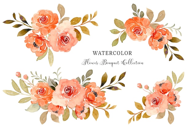 Vecteur collection de bouquets de fleurs de rose orange aquarelle