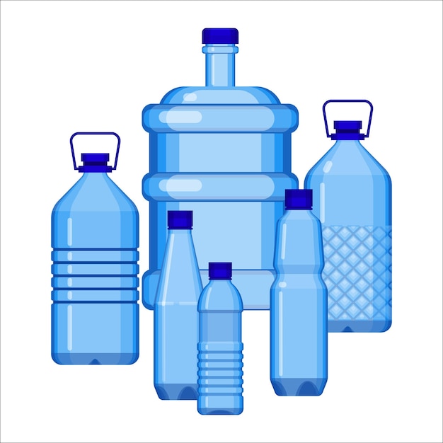 Collection De Bouteilles D'eau De Différentes Tailles Sur Blanc. Grands Et Petits Récipients En Plastique Transparent Bleu Pour Le Transport Et Le Stockage De Liquide