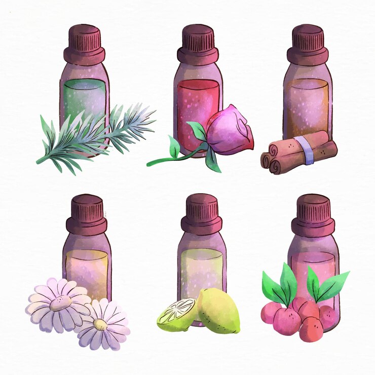 Vecteur collection de bouteilles d'huile essentielle aquarelle