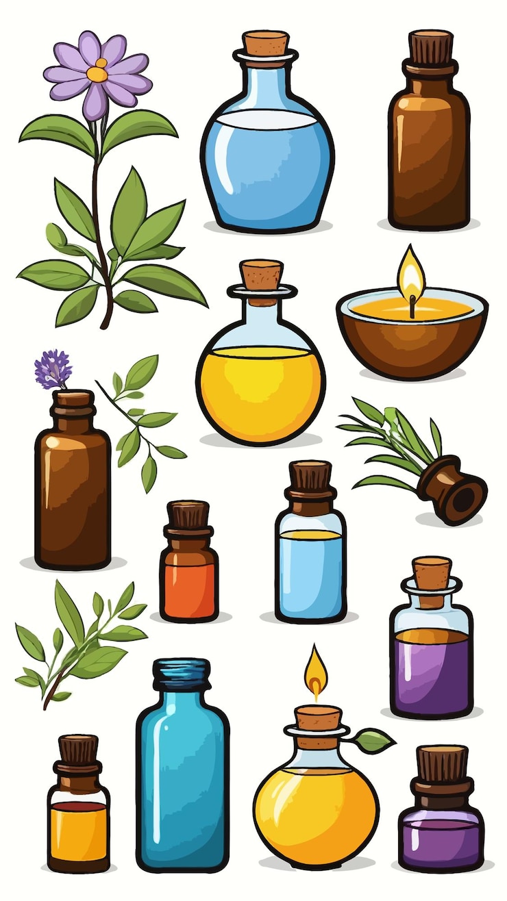 Vecteur une collection de bouteilles d'huiles d'aromathérapie dessin animé illustration vectorielle
