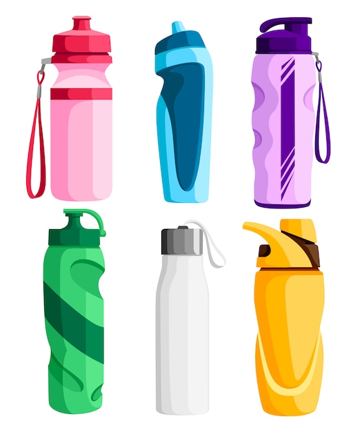 Vecteur collection de bouteilles de sport. bouteille en plastique de vélo. activités extérieures. différentes formes de réservoirs d'eau. illustration sur fond blanc