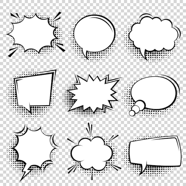 Collection de bulles de discours comiques vides avec des ombres à demi-tonnes dessinées à la main autocollants de dessins animés rétro pop