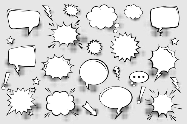 Collection de bulles de discours comiques vides avec des ombres à demi-tonnes dessinées à la main autocollants de dessins animés rétro pop