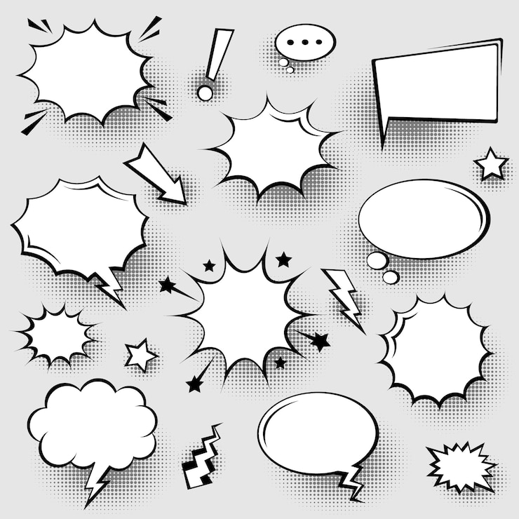 Vecteur collection de bulles de discours comiques vides avec des ombres à demi-tonnes dessinées à la main autocollants de dessins animés rétro pop