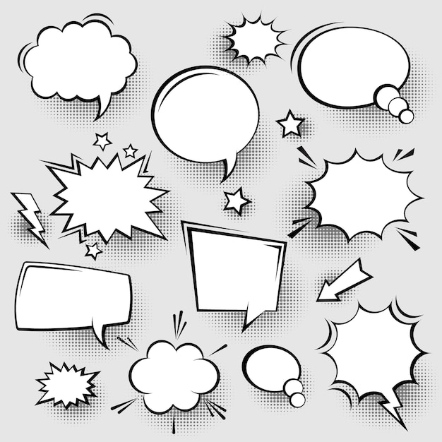 Collection de bulles de discours comiques vides avec des ombres à demi-tonnes dessinées à la main autocollants de dessins animés rétro pop