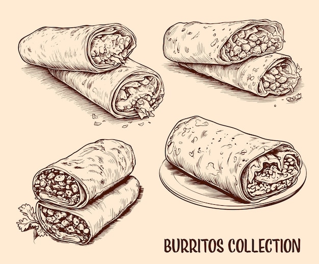 Vecteur collection de burritos dessinés et d'enveloppes