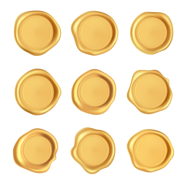 Vecteur collection de cachets de cire. ensemble de sceau de cire de timbre d'or isolé sur fond blanc. timbres dorés garantis réalistes.