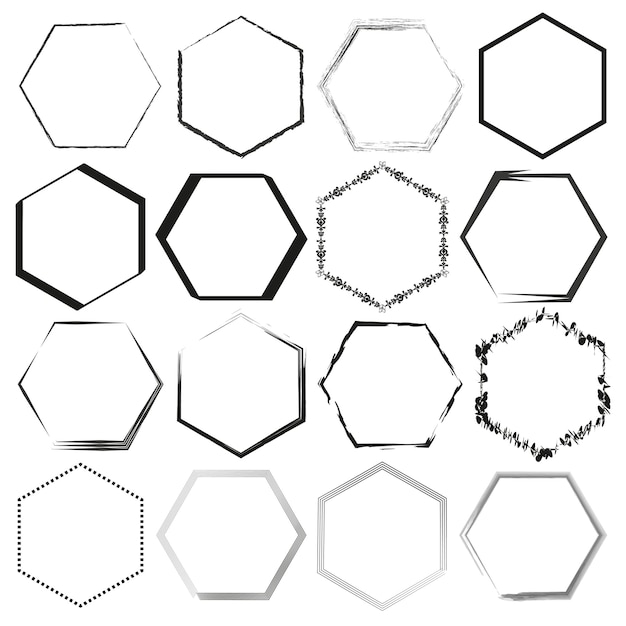 Collection de cadres hexagonaux Frontières géométriques dessinées à la main Formes hexagonales abstraites