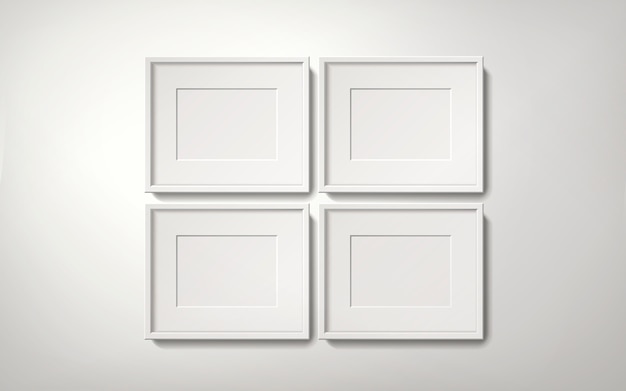 Collection De Cadres Photo Blancs Vierges De Manière Ordonnée Accrochée Au Mur, Style Réaliste D'illustration 3d