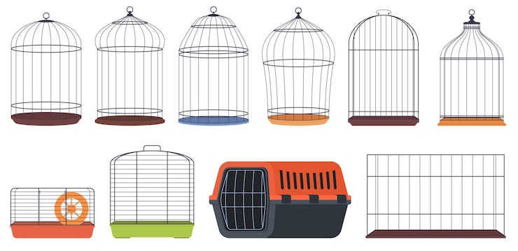 Vecteur une collection de cages pour animaux entretien et transport des animaux de compagnie cages en fil métallique illustration vectorielle