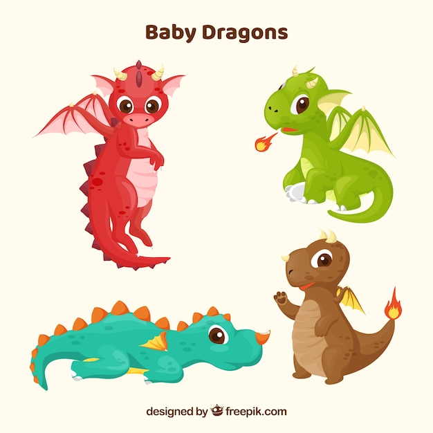 Collection De Caractères Bébé Dragon Avec Un Design Plat