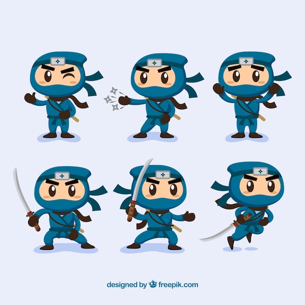 Collection De Caractères Ninjas Avec Différentes Poses