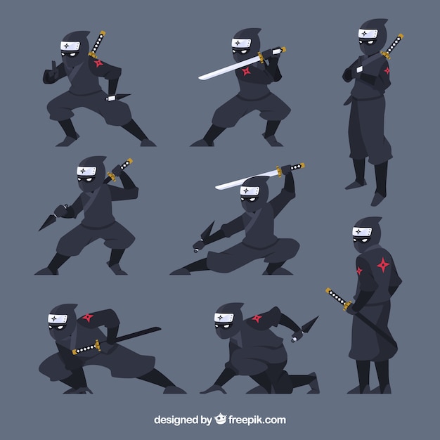 Vecteur collection de caractères ninjas avec différentes poses