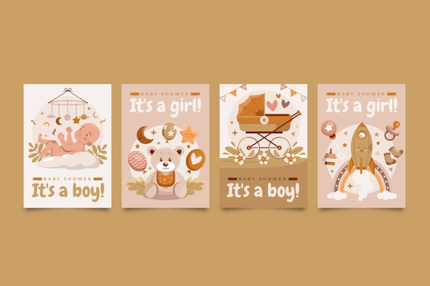 Collection de cartes de baby shower plates dessinées à la main avec un bébé et des jouets