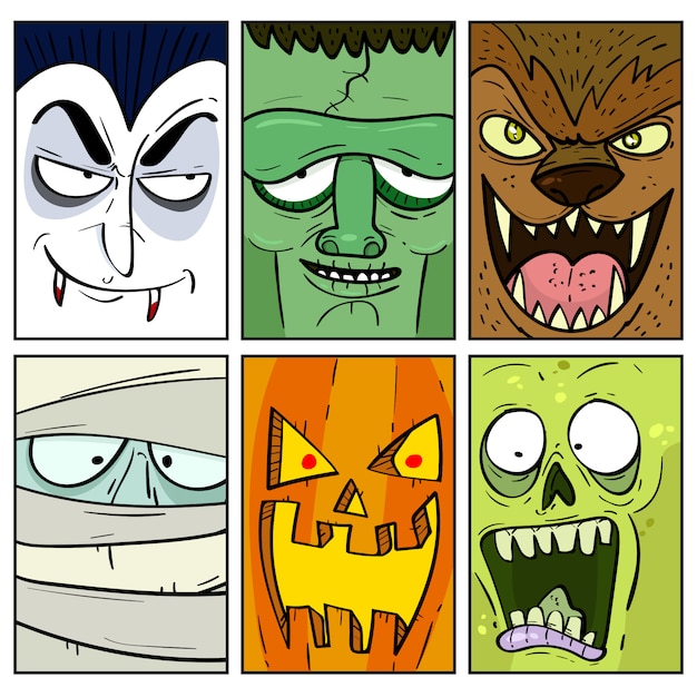 Collection De Cartes De Monstre Halloween Dessinés à La Main