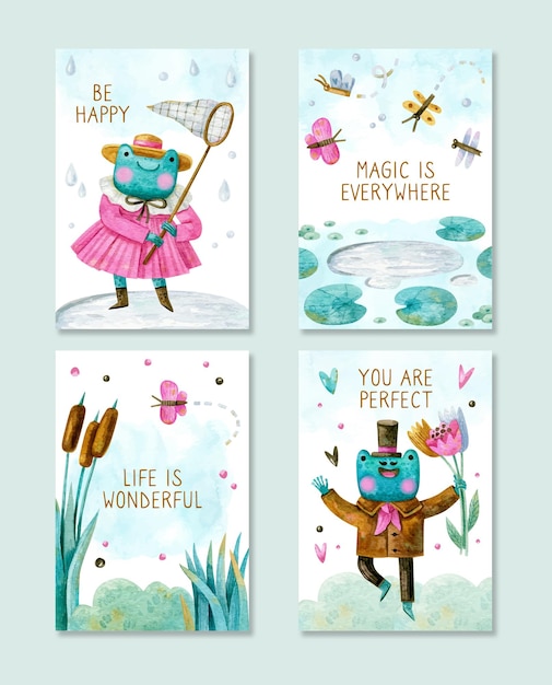 Collection De Cartes Positives Avec Des Grenouilles De Dessin Animé