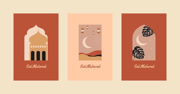 Vecteur collection de cartes de voeux eid mubarak de style moderne avec lune design boho rétro et dôme de mosquée